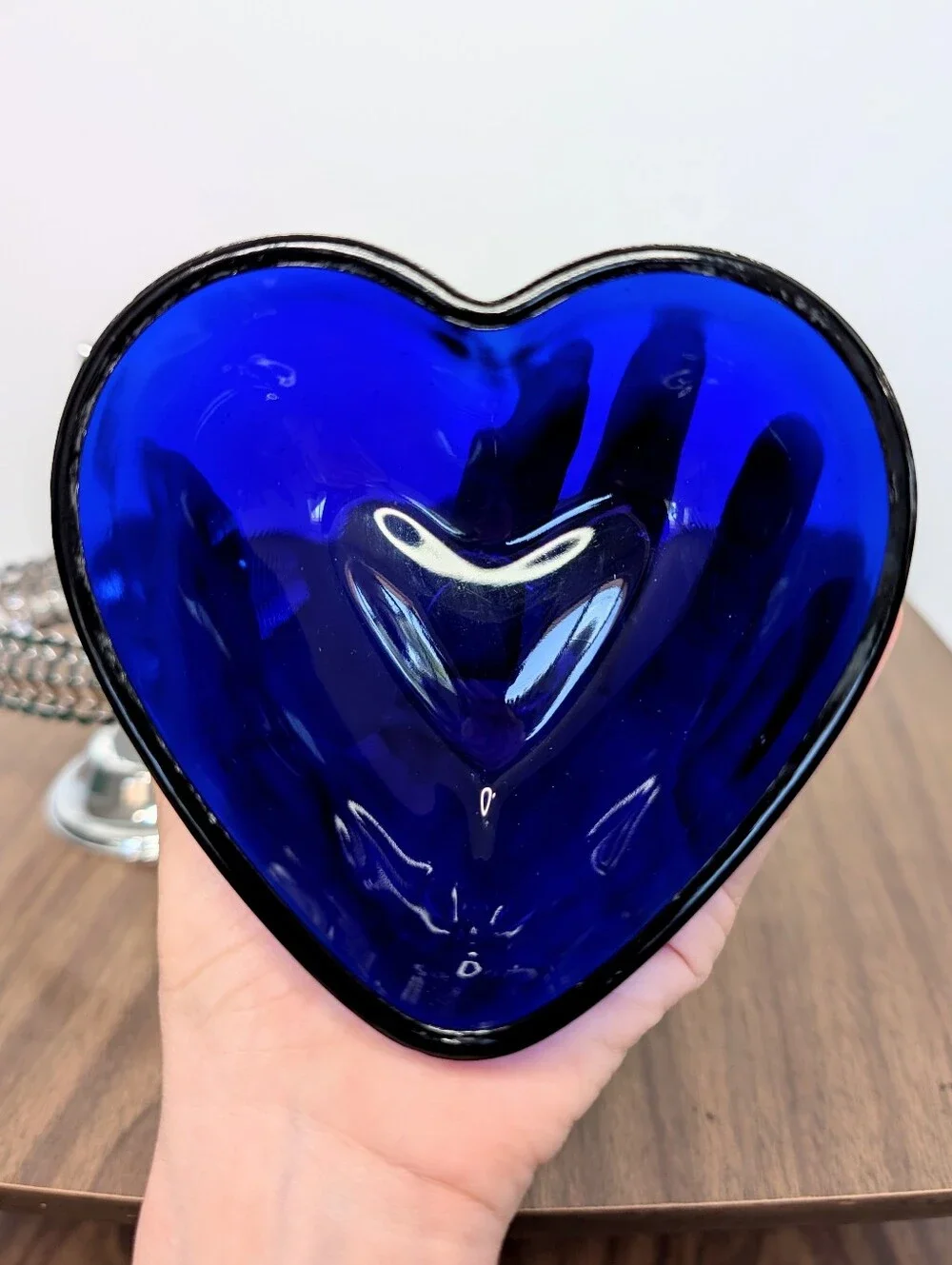 Vintage Cobalt Blue Glass Heart Shaped Bowl In Silver Tone Metal Handled Basket
